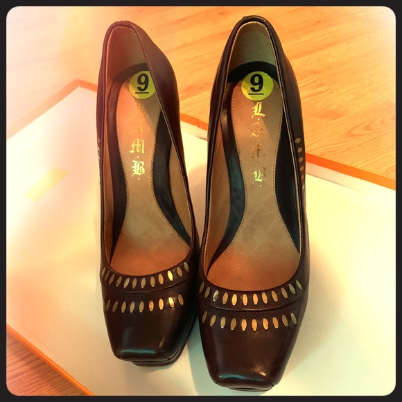 L.A.M.B size 9 chocolate brown and gold heels. - Picture 1 of 6